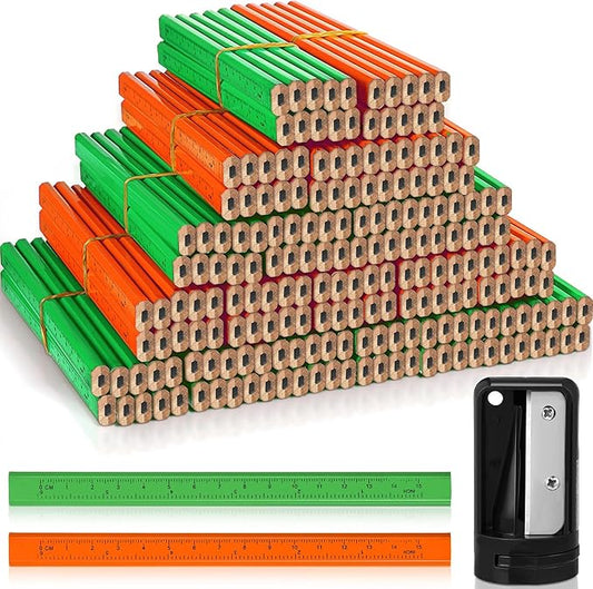 Honoson 200 Pcs Flat Construction Pencils with Printed Ruler Wood Graphite 2 Pcs Carpenter Pencil Sharpener for Woodworking Marking Tool(Green and Orange)