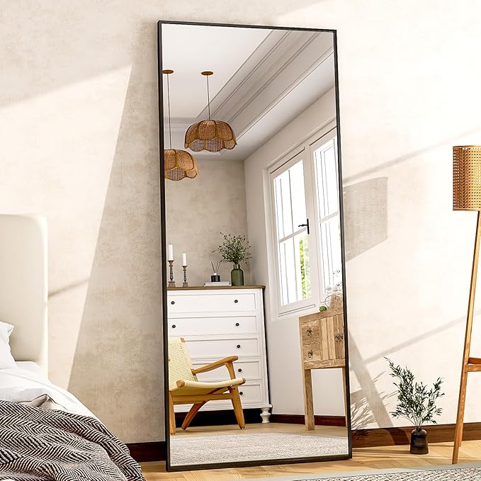 Full Length Mirror 64"x21" Black, Rectangle Wall-Mounted or Standing Full Body Mirror for Bedroom, Living Room, Dressing Floor Mirror