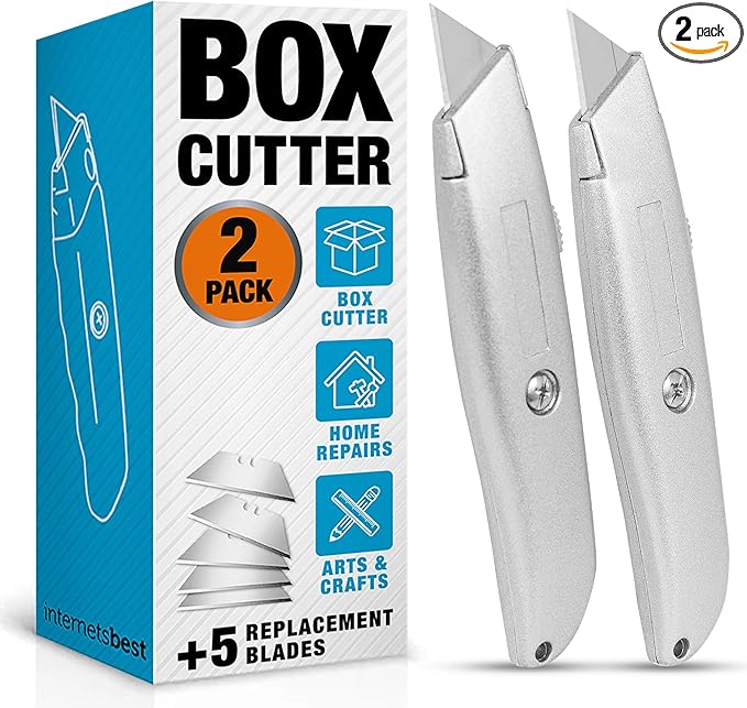 INTERNET'S BEST Premium Utility Knife Set | Retractable Box Cutter with Metal Handle | Heavy-Duty Cutting for Cardboard, Carpet, Plastic | Retractable Blade | Includes 2 Razor Knives & Extra Blades
