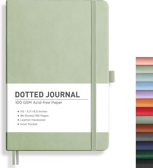 RETTACY Bullet Dotted Journal Notebook, 192 Pages, A5 Medium Size (5.7'' x 8.3''), Leather Hardcover, 100 GSM Thick Paper, for Bullet Journaling, Planning, Tracking (Light Green)