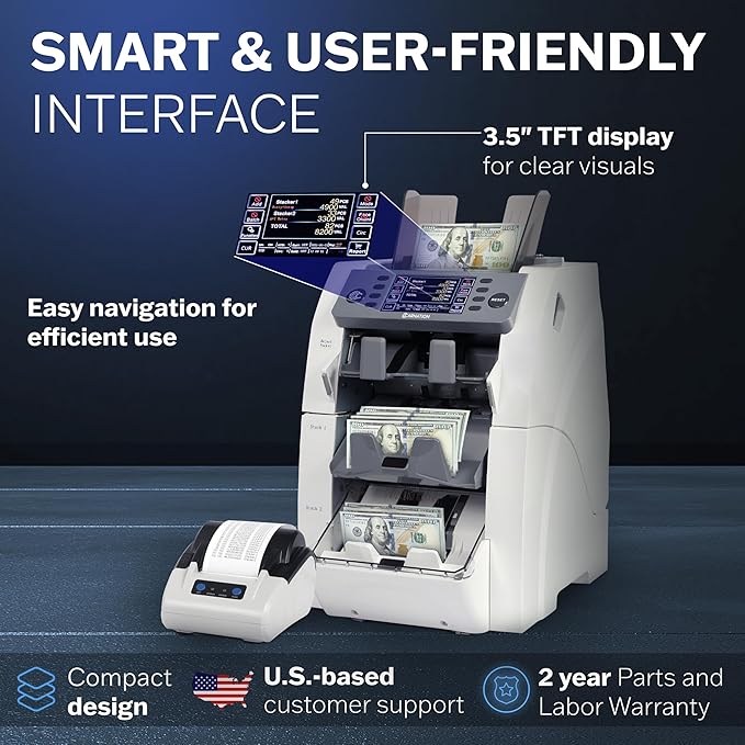 Bank Grade Mixed Denomination Bill Counter and Sorter CR2500 with Printer - Full Spectrum Counterfeit Detection PC Suite 2 Year Warranty (CR2500)