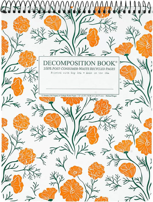 Decomposition Cali Poppies Top Bound Spiral Notebook – 7.5 x 9.75 Journal, College Ruled Lined Pages – Left-Handed Friendly Notebooks Ideal for Students, Artists & Office Professionals – Made in USA