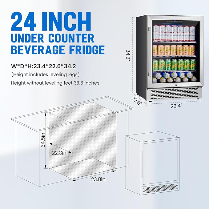 24 Inch Beverage Refrigerator Under Counter, 190 Cans Beverage Fridge Built-in/Freestanding with Double Tempered Glass, 37-64°F Low Noise Drink Fridge Perfect for Kitchen/Bar/Office(4.9 cu.ft)