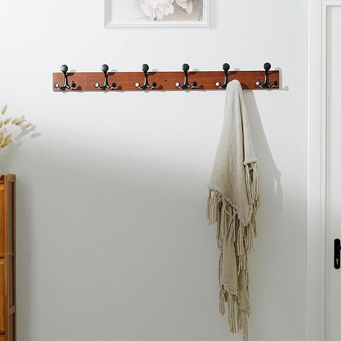 SKOLOO 39-Inch Cherry Wood Coat Rack Wall Mount with 6 Triple Hooks - Ideal for Family Entrances, Classrooms, and Pet Supplies Storage - Perfect Coat Hooks for Wall