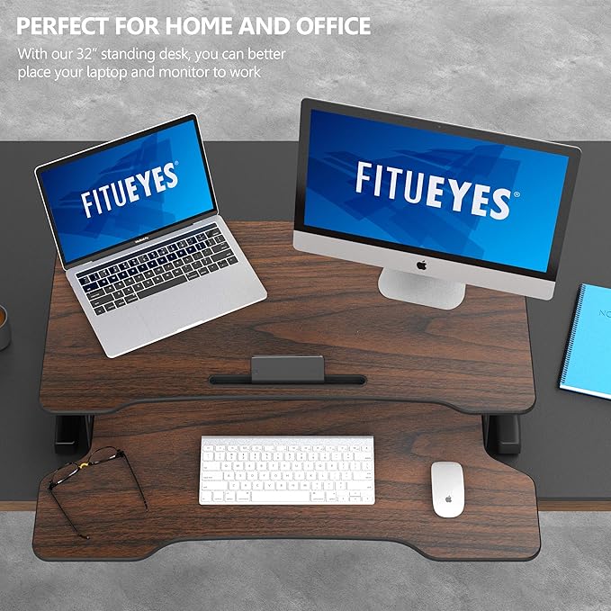 FITUEYES Height Adjustable Standing Desk 32” Wide Sit to Stand Converter Stand Up Desk Tabletop Workstation for Laptops Dual Monitor Riser Brown SD308002WE