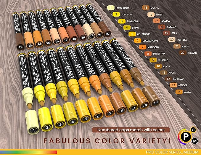 TOOLI-ART 22 Acrylic Paint Markers Paint Pens Pro Color Series Set 3mm Medium Tip for Rock Painting, Glass, Mugs, Wood, Metal, Glass Paint, Canvas, DIY. Non Toxic, Waterbased, Quick Drying (YELLOWS)