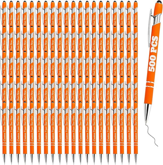 Personalized Pens Bulk 500 with Name Custom Engraving Ballpoint Pens with Stylus Tip Customized Smooth Writing Pens Personalized Gifts for Anniversary Birthday or Graduation(Orange,Black Ink)