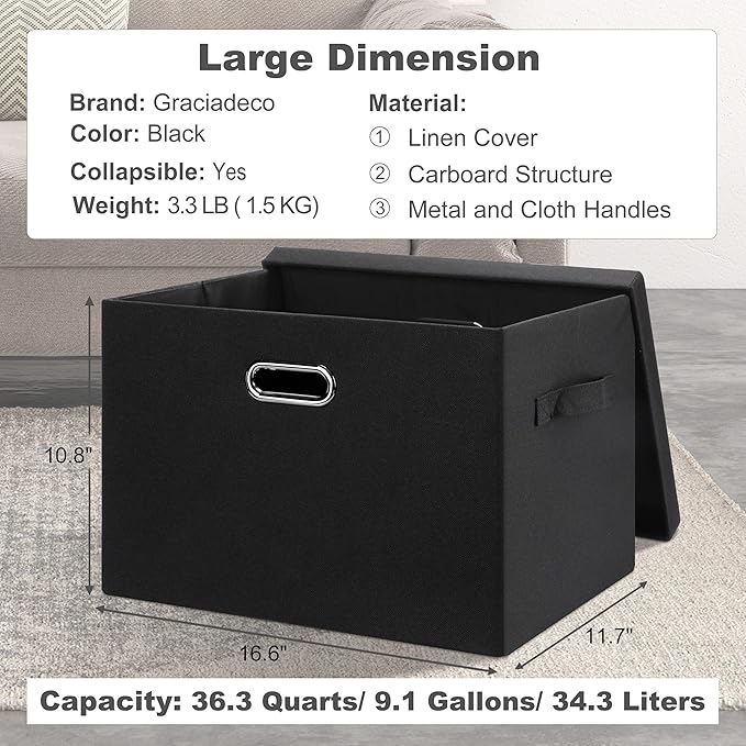 Large 17" 36 Quart Collapsible Stackable Storage Bins with Lids, 3 Packs Black Linen Fabric Closet Boxes with Lids, Storage Cube Baskets Container Organizers for Bedroom Office(17 x12 x11)