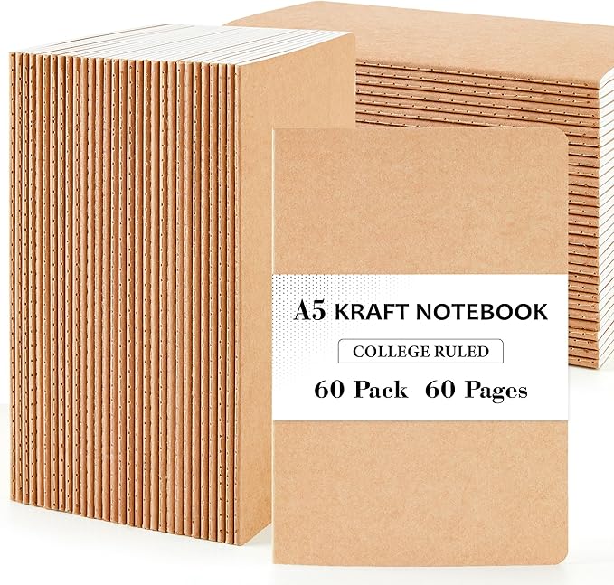 feela 60 Pack Kraft Notebooks Bulk, Lined Travel Journals Note Pad Notebooks for Men Women Girls Students, Making Plans Writing Memos Office School Supplies, A5, 60 Pages, 8.3” X 5.5”