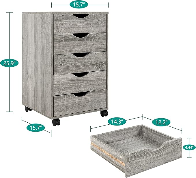 Naomi Home 5 Drawer Office Storage File Cabinet, Under Desk Cabinets for Organization Filing Cabinet with Wheels, Printer Stand Storage, 180 lbs Capacity - Gray Oak 11394AM