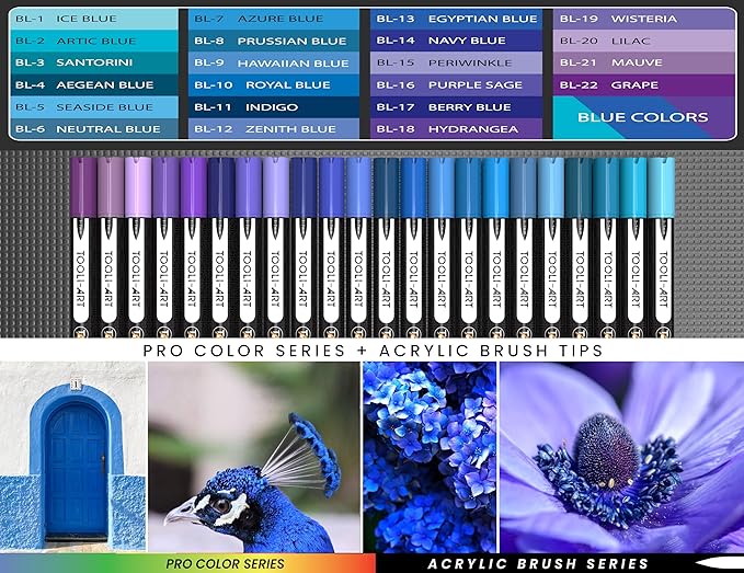 22 Flexible Brush Tip Acrylic Paint Pens Markers Set 1-7mm Line for Rock Painting, Brush Lettering, Glass, Mugs, Wood, Metal, Canvas, Fabric, Plastic. Non Toxic Waterbased Quick Drying Assorted Blue