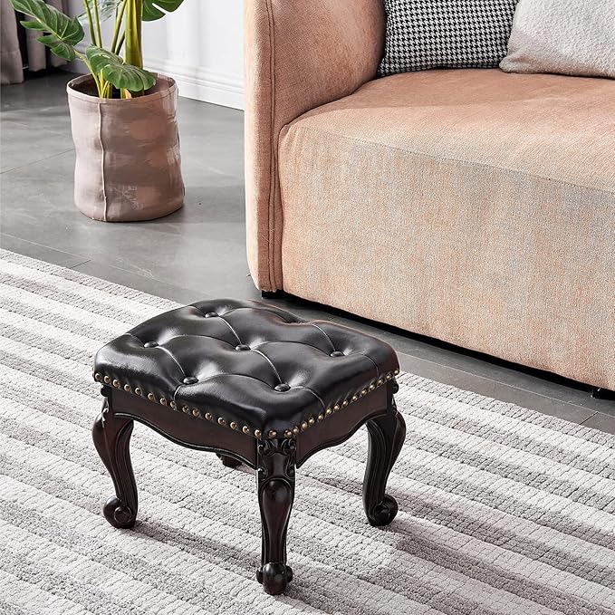 Foot Stool Ottoman Foot Rest Microfiber Leather Upholstered Footstool for Sofa, Living Room, Entryway, Solid Wood Stool (Dark Brown)