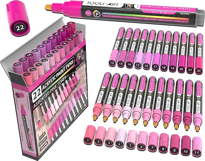 TOOLI-ART 22 Acrylic Paint Markers Paint Pens Pro Color Series Set 3mm Medium Tip for Rock Painting, Glass, Mugs, Wood, Metal, Glass Paint, Canvas, DIY. Non Toxic, Waterbased, Quick Drying (PINK)