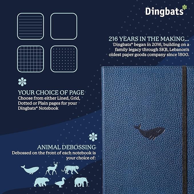 Dingbats Wildlife Dotted Journal A5 - Vegan Leather Hard Cover, Ideal for Work, Travel - Pocket, Elastic Closure, Bookmark