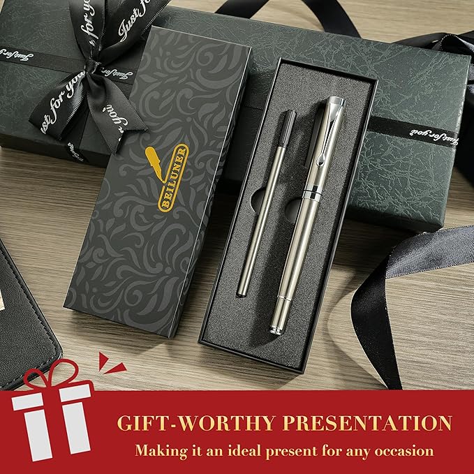 BEILUNER Silver Ballpoint Pens, Stainless Steel Body, Smooth Writing Experience, Dishwasher Safe, Gift Box with Extra Refill