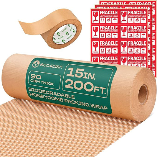 Honeycomb Packing Paper | Extra Thick 90 GSM Packing Wrap | Biodegradable Packing Materials: 15” x 200’ Moving Paper + 195’ Cellulose Adhesive Tape + 30 Fragile Stickers | Paper Bubble Wrap