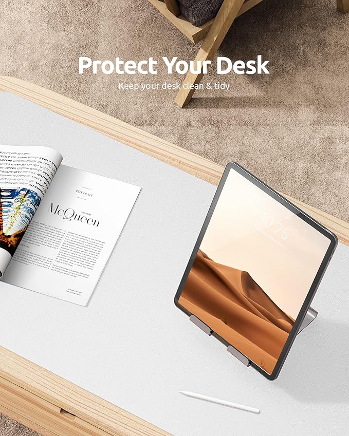 YSAGi Leather Desk Protector, Office Mat, Large Mouse Mat, Non-Slip PU Leather Blotter, Laptop Desk Pad, Waterproof Writing Pad for Office and Home (White, 35.4" x 17")