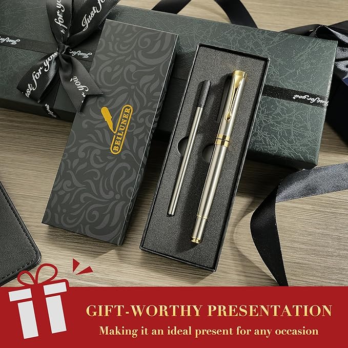 BEILUNER Ballpoint Pens, Stunning Silver Chrome Metal Pen with Golden Trim, Best Ball Pen Gift Set for Men & Women, Professional, Executive, Office, Nice Pens-Gift Box with 0.5mm Extra Black Refill