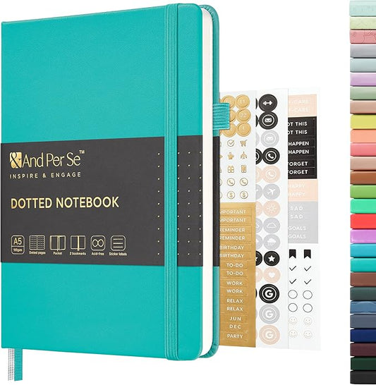 &And Per Se Dotted Journal Notebook, A5 Hardcover Leather Bullet Dotted Journal, 160 Pages 100 gsm Thick Dotted Paper，3 Sheets of Stickers Included - 5.7'' x 8'' (Turquoise)