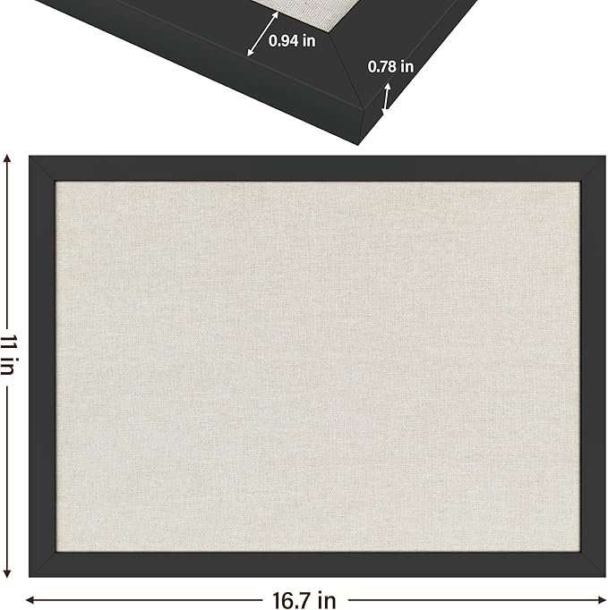 Cork Board Bulletin Board 16.7" x 11", Small Linen Corkboards with Frame for Walls, Cute Picture Display Pin Board Vision Board for Room School Office Bedroom 8 Pushpins Vintage Black