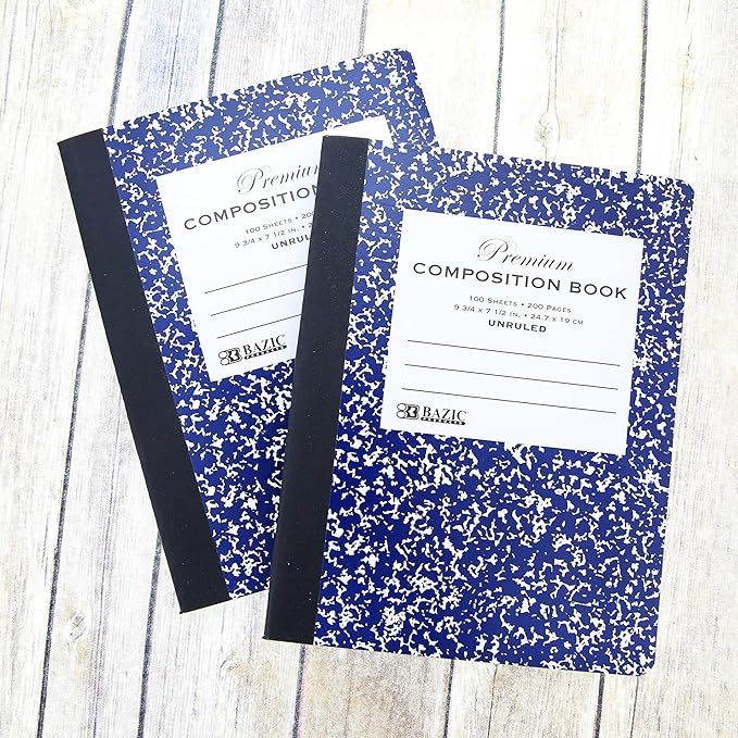 BAZIC Composition Book Blue Marble Unruled Ruled 100 Sheet Notebook, Blank Page Journal Comp Notebooks for School, 48-Pack