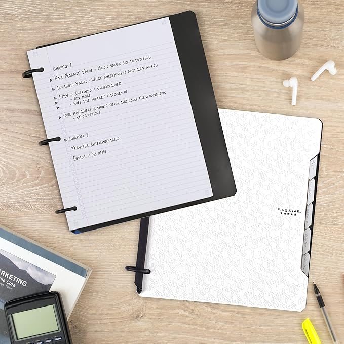 Five Star Flex Refillable Notebook + Study App, College Ruled Paper and 1 Inch TechLock Ring Binder with Pockets, Tabs and Dividers, 200 Sheet Capacity, White (29328AE2)