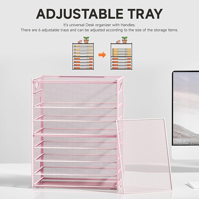 Subekyu 9 Tier Paper Letter File Tray Organizer for Desk, Pink Large Mesh Desk Folder Sorter Organizer with Handle, Include 6 Pcs Adjustable Height Slid Tray for Office Home School Supplies Storage
