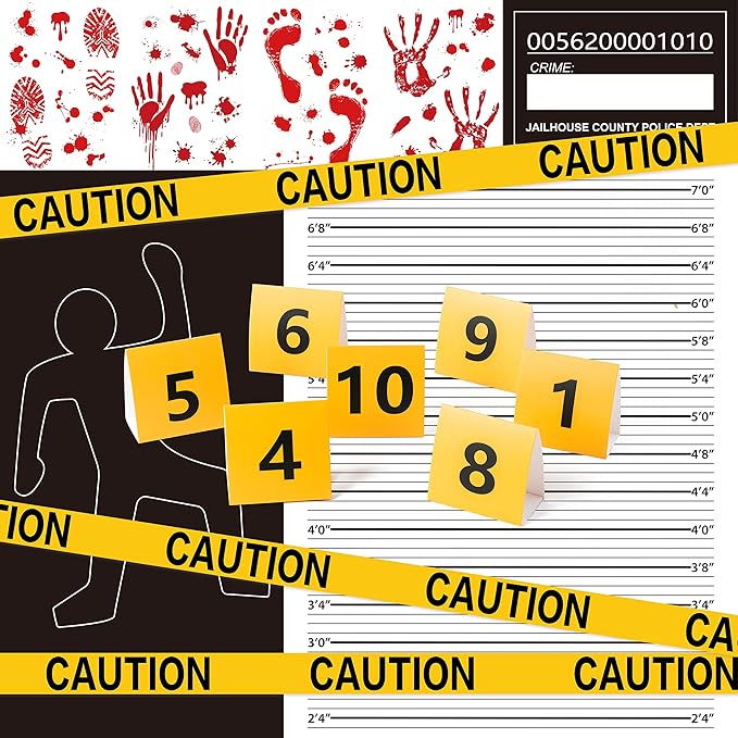 TICIAGA 29pcs Crime Scene Decors Kits, Body Silhouette Crime Scene Tape Evidence Markers and Bloody Sticker and Photo-Booth Props with Height Chart Backdrop Poster, Home for Crime Scene Party Decors
