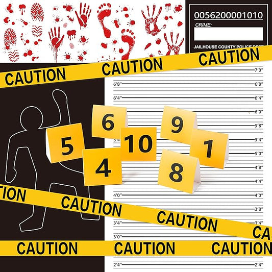 TICIAGA 29pcs Crime Scene Decors Kits, Body Silhouette Crime Scene Tape Evidence Markers and Bloody Sticker and Photo-Booth Props with Height Chart Backdrop Poster, Home for Crime Scene Party Decors