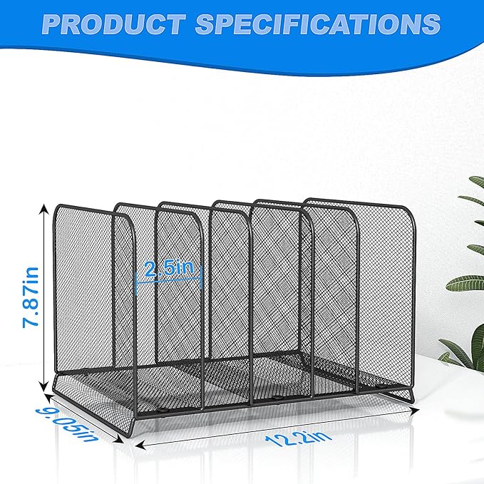 5 Sections Desk File Holder/Rack/Sorter,Mesh File Organizer,File Folder Organizer,Metal Upright Desktop Organization for Documents,Magazine,Kitchenware,Antiskid,Antirust,Sturdy,1 Pack