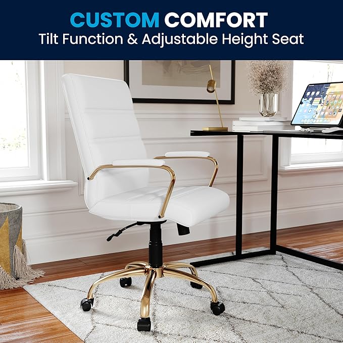 Flash Furniture Whitney Mid-Back Swivel LeatherSoft Desk Chair with Padded Seat and Armrests, Adjustable Height Padded Office Chair, White/Gold