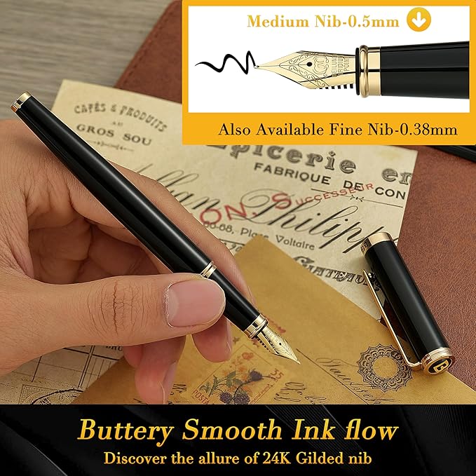 BEILUNER Black Fountain Pen,Stunning Luxury Piano Lacquer,24K Gilded Nib(Medium),Gorgeous 24K Gold Finish,Ink Converter, Gift for Men&Women-Elegant, Reliable, Office, Professional Pens for Writing