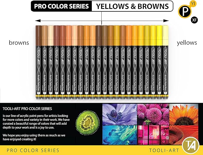 Acrylic Paint Pens 22 Yellow & Brown Tones Assorted Pro Color Series Markers Set 0.7mm Extra Fine Tip for Rock Painting, Glass, Mugs, Wood, Metal, Canvas, Projects, Non Toxic, Waterbased, Quick Drying