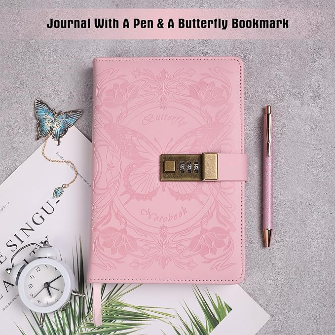 TIEFOSSI Diary with Lock for Women Girls, Lined Locked Journal, Butterfly Journal Notebook with Pen and Bookmark, A5 Refillable Locking Journals for Writing, 224 Numbered Pages
