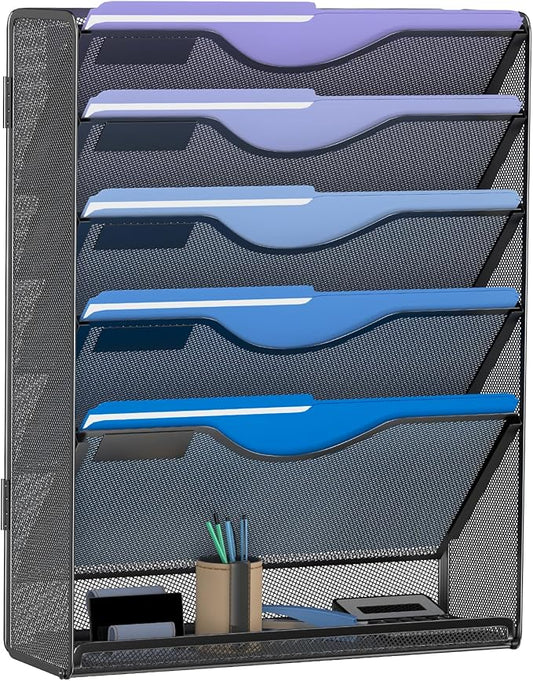 6 Tier Hanging File Organizer, Mesh Wall File Holder Paper Folder Rack with Bottom Flat Tray for Office Home, Black