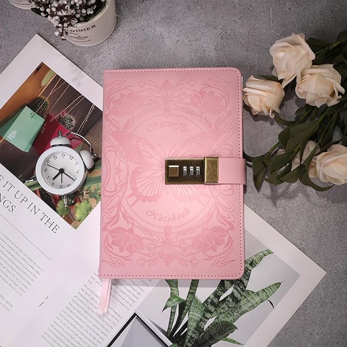 TIEFOSSI Diary with Lock for Women Girls, Lined Locked Journal, Butterfly Journal Notebook with Pen and Bookmark, A5 Refillable Locking Journals for Writing, 224 Numbered Pages