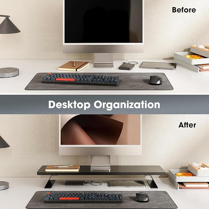 Fenge Monitor Stand Riser, Desk Top Shelf for 2 Monitors, Computer Stands for Desk, Wood & Steel Desktop Riser for Laptop, PC, Printer