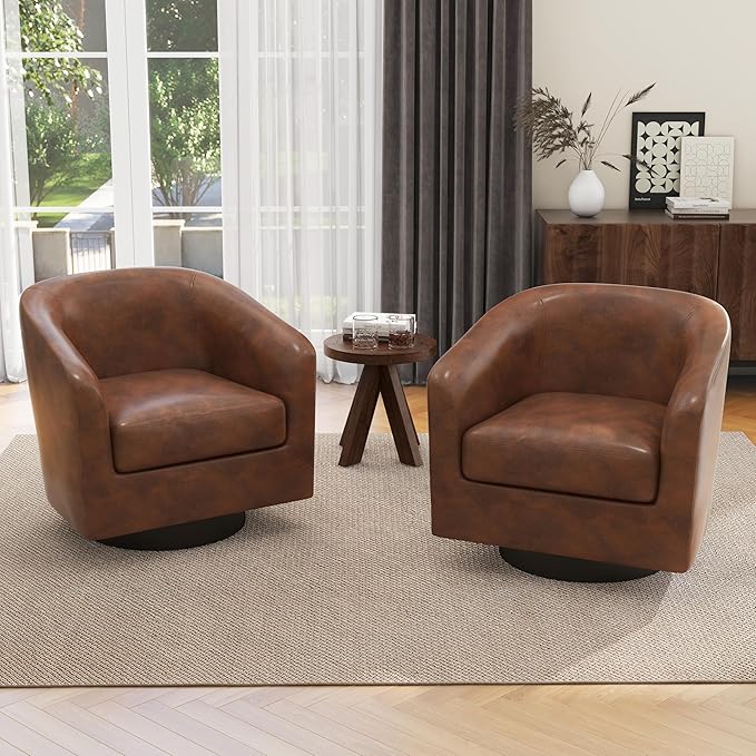 UIXE Faux Leather Swivel Accent Chairs Set of 2, Modern Upholstered Barrel Chairs for Living Room, Comfy Round Armchair Single Sofa Bedroom Reading Seat - 31" W, Coffee