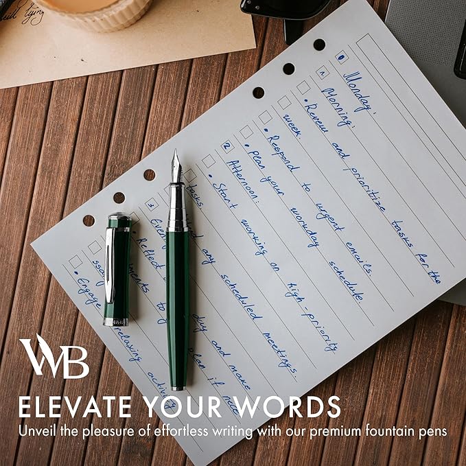 Wordsworth & Black Fountain Pen Set, Medium Nib, Includes 24 Pack Ink Cartridges, Ink Refill Converter & Gift Pouch, Chrome Finish, Calligraphy, [Racing Green], Perfect for Men & Women