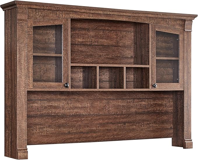 OKD Farmhouse Hutch for 60" Executive Desk, Office Desk Storage Cabinet with Glass Doors and Shelves, Top Hutch Organizer for Home Office - Reclaimed Barnwood