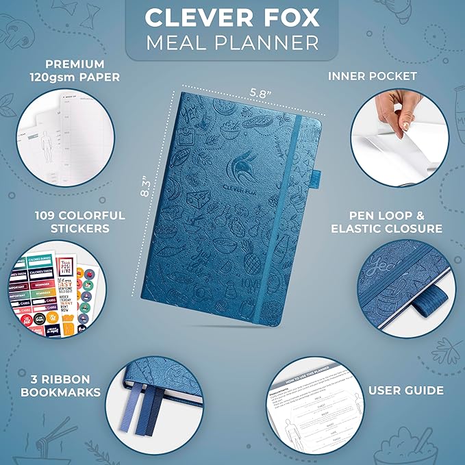 Clever Fox Weekly Meal Planner - Weekly & Daily Meal Prep Journal with Shopping and Grocery Lists for Menu Planning, Healthy Diet & Weight Loss Tracking, Lasts 1 Year, Undated, A5 - Mystic Blue