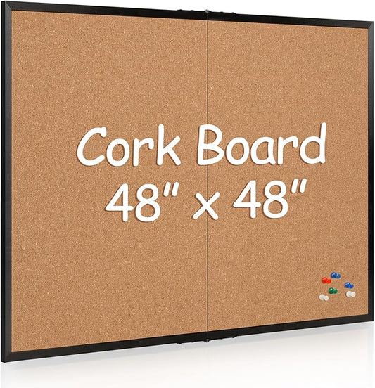Board2by Extra Large Cork Bulletin Board 48" X 48", Foldable Notice Pin Board for Wall, Black Wood Framed 4'x4' Corkboard, Wall Mounted Noticeboard with 32 Push Pins for School, Home & Office