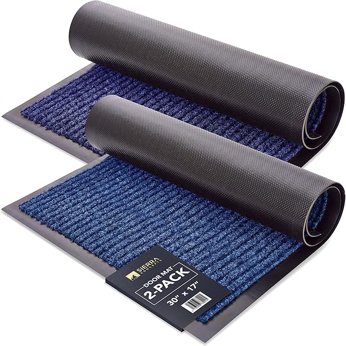 Sierra Concepts Front Door Mat Welcome Floor Mats - Entryway Indoor Outdoor Entrance Dog Doormat, Patio, Porch, Muddy Shoe, Inside Outside Low Profile, 30x17 inches, 2-Pack Blue