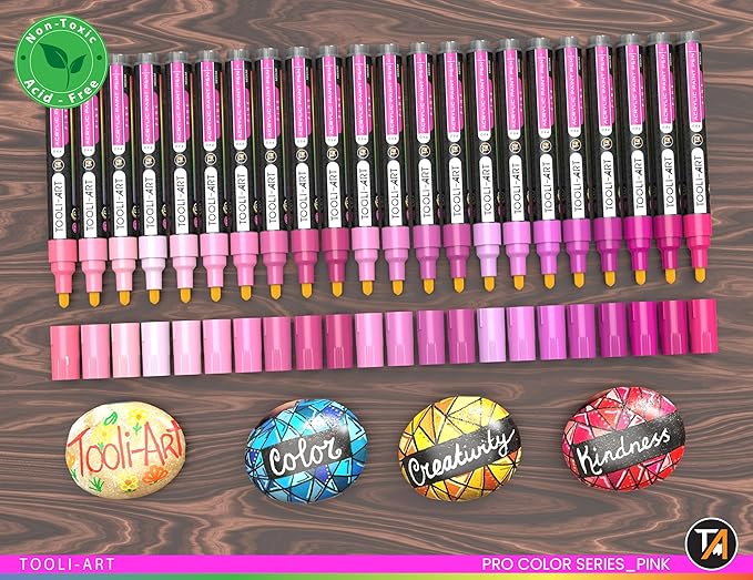 TOOLI-ART 22 Acrylic Paint Markers Paint Pens Pro Color Series Set 3mm Medium Tip for Rock Painting, Glass, Mugs, Wood, Metal, Glass Paint, Canvas, DIY. Non Toxic, Waterbased, Quick Drying (PINK)