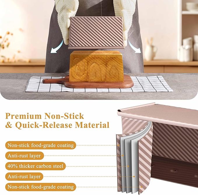 LIANYU Pullman Loaf Pan with Lid, 2 Pack 1 Pound Bread Loaf Baking Pan, Nonstick Homemade Sourdough Sandwich Bread Toast Box, Heavy Duty Corrugated Bakeware Tins with Cover, Rose Gold