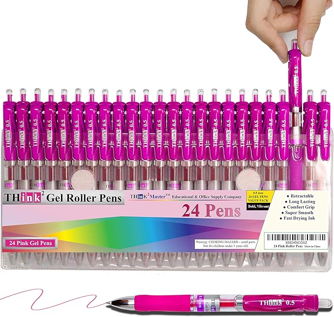 THINK2MASTER [24 Pens - Pink Ink] Think2 Retractable Gel Pens. (24 Pink) Fine Point (0.5mm) Rollerball Pens with Comfort Grip.