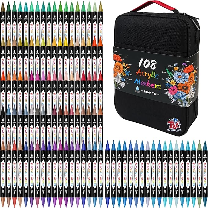 TBC The Best Crafts 108 Colors Dual Tip Acrylic Paint Markers, Double zipper design Topgrade Canvas bag,Waterproof, Non-Toxic, odorless, Suitable for Paper,Pottery, Stones, Glass,outdoor painting