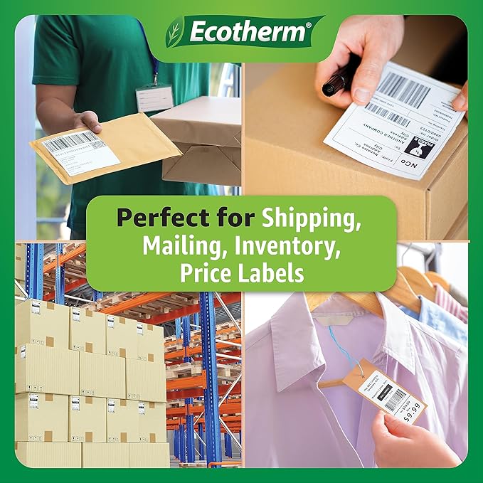 4" x 2.5" Thermal Labels | 4 Rolls | 2400 Labels | fits Zebra, Munbyn, Rollo, Godex, Arkscan, iDPRT, Offnova Thermal Label Printers and More | Blank White Adhesive Stickers by Ecotherm