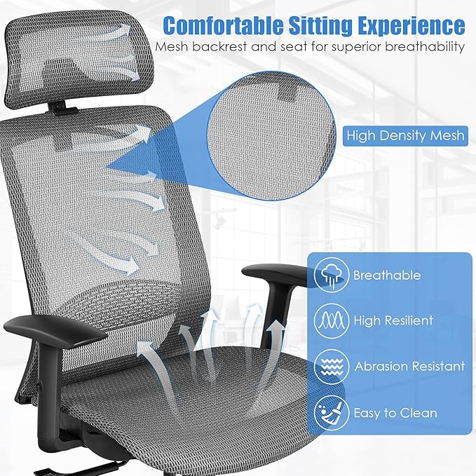 POWERSTONE Ergonomic Mesh Office Chair - High Back Computer Desk Tilt Lock Mesh Seat with Lumbar Support and Clothing Hanger, Executive Swivel Mesh Chair with Adjustable Arms and Headrest (Grey)