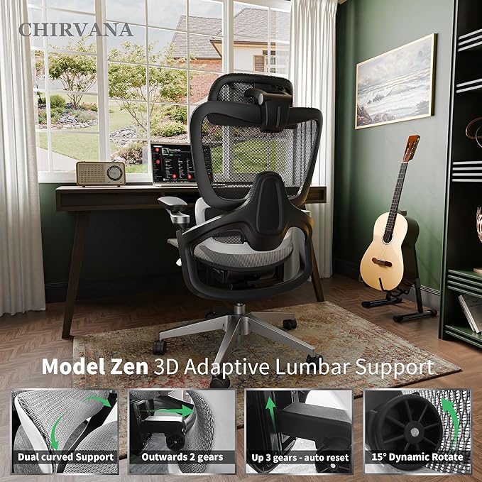 Ergonomic Office Chair, Mesh Home Office Desk Chair with Adjustable Lumbar Support, Gaming Chair with Headrest, 5D Armrest,90-130°Tilt, BIFMA Certified, Model Zen (Grey)
